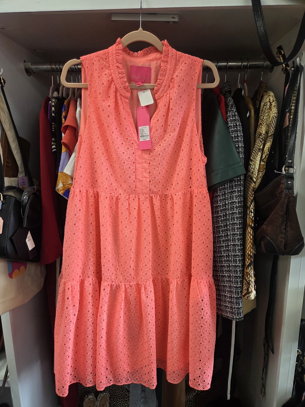 Lilly Pulitzer Coral Eyelet Tiered Midi Dress - Sleeveless Ruffled Neck